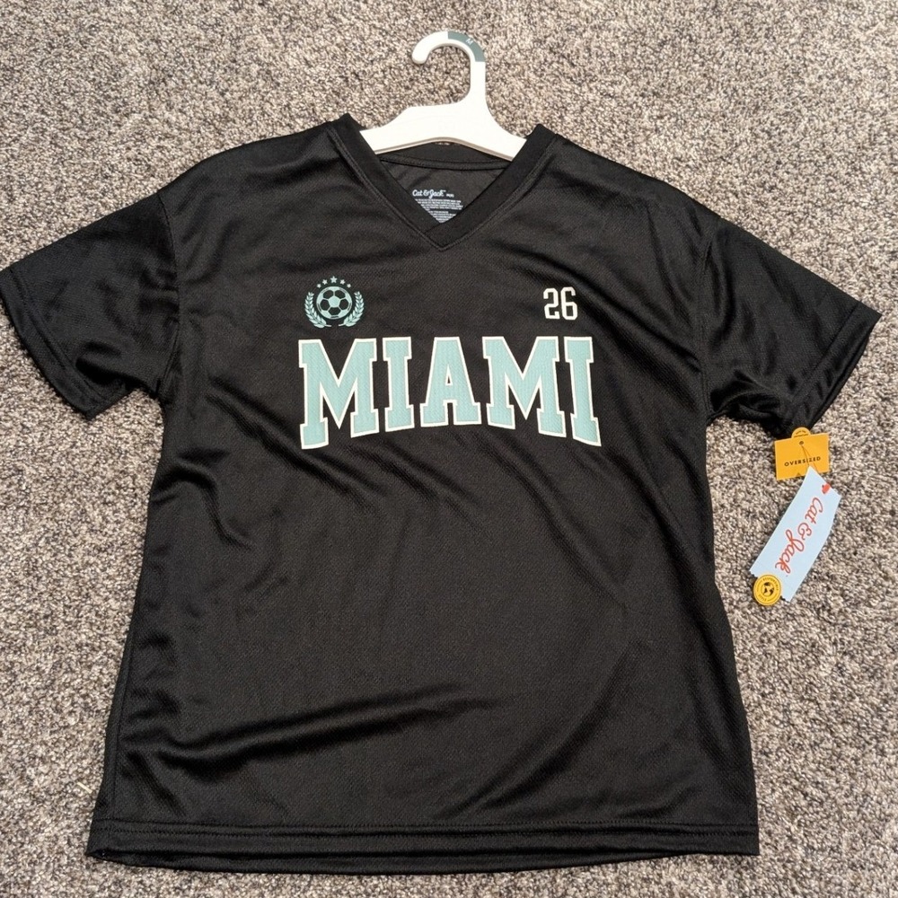 Cat & Jack Soccer Jersey Kids M (8) Black NWT Miami Graphic Oversized Mesh Tee
